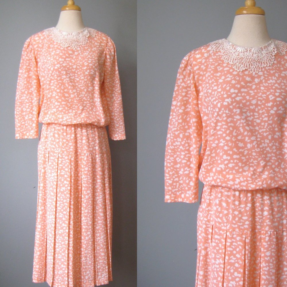 Vintage 1980s Secretary Dress Peach and White Abstract Print blouson size M